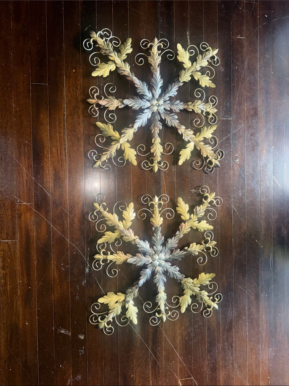 Decorative Metal Wall Medallion Pair in Soft Gold and Silver Tone